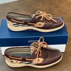 Sperry Top-Sider Bluefish 2-Eye Brown and Tan plaid Leather Boat Shoes, 6M